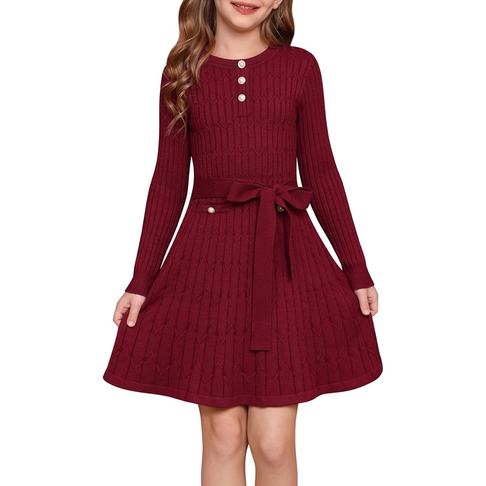 image:imageGRACE KARIN Girls Fall Winter Sweater Long Sleeve Cable Knit Dresses 614YWine Red