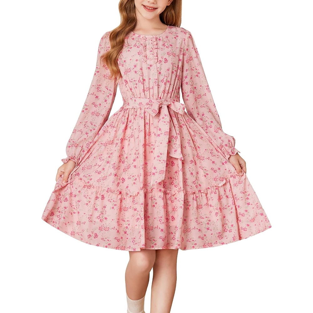 image:imageGRACE KARIN Girls Floral Long Sleeve Dress Ruffle Vintage Fall Dress 614YBlush Pink Floral