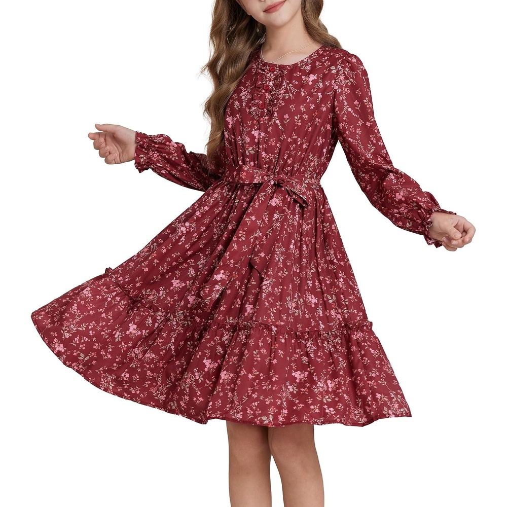 image:imageGRACE KARIN Girls Floral Long Sleeve Dress Ruffle Vintage Fall Dress 614YBurgundy Floral