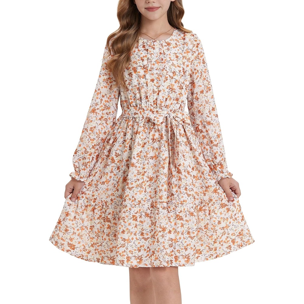 image:imageGRACE KARIN Girls Floral Long Sleeve Dress Ruffle Vintage Fall Dress 614YCream Floral