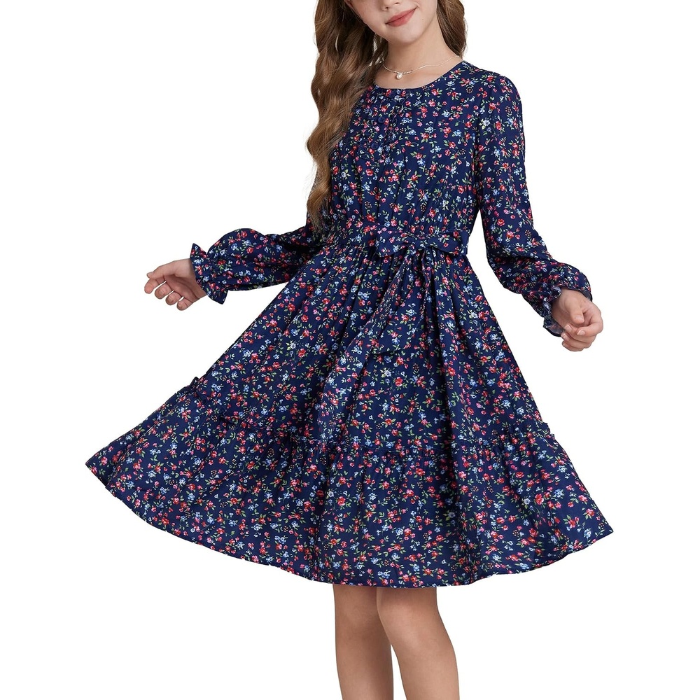 image:imageGRACE KARIN Girls Floral Long Sleeve Dress Ruffle Vintage Fall Dress 614YNavy Floral