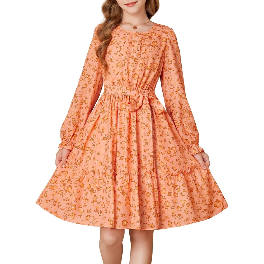 image:imageGRACE KARIN Girls Floral Long Sleeve Dress Ruffle Vintage Fall Dress 614YOrange Floral