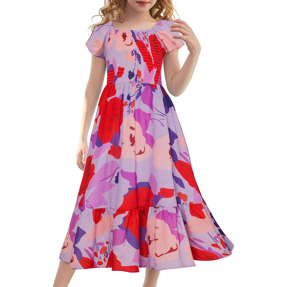 image:imageGRACE KARIN Girls Flutter Sleeve Floral Maxi Dress Spring Summer 616YBig Flowers on Purple