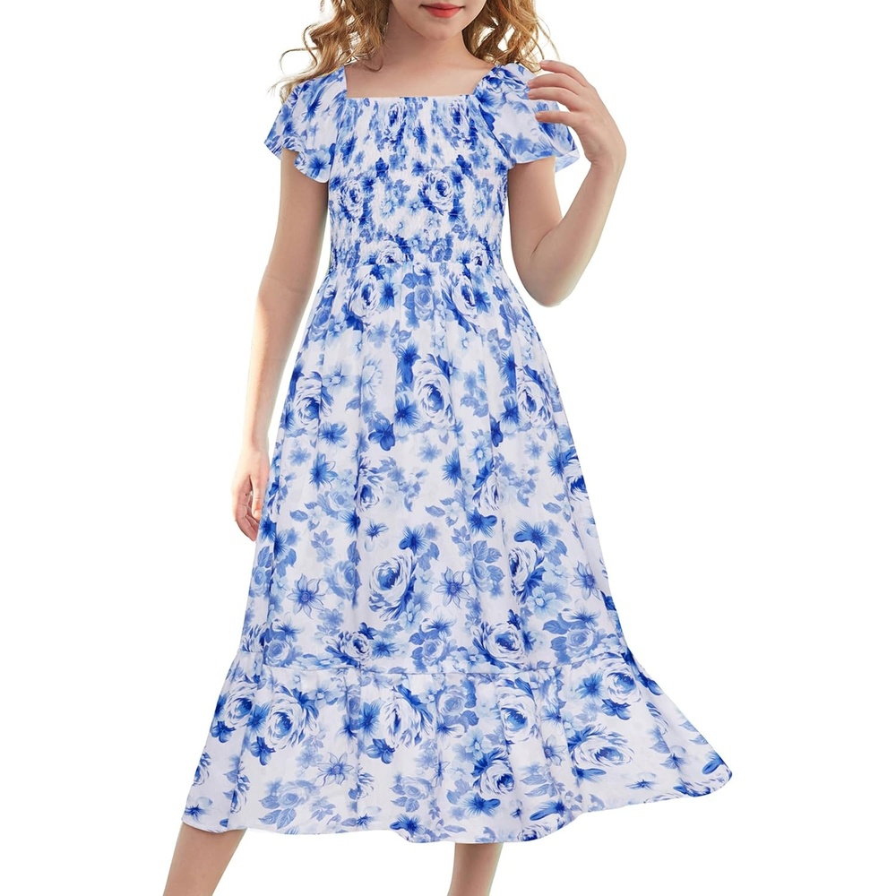 image:imageGRACE KARIN Girls Flutter Sleeve Floral Maxi Dress Spring Summer 616YBlue and White Floral