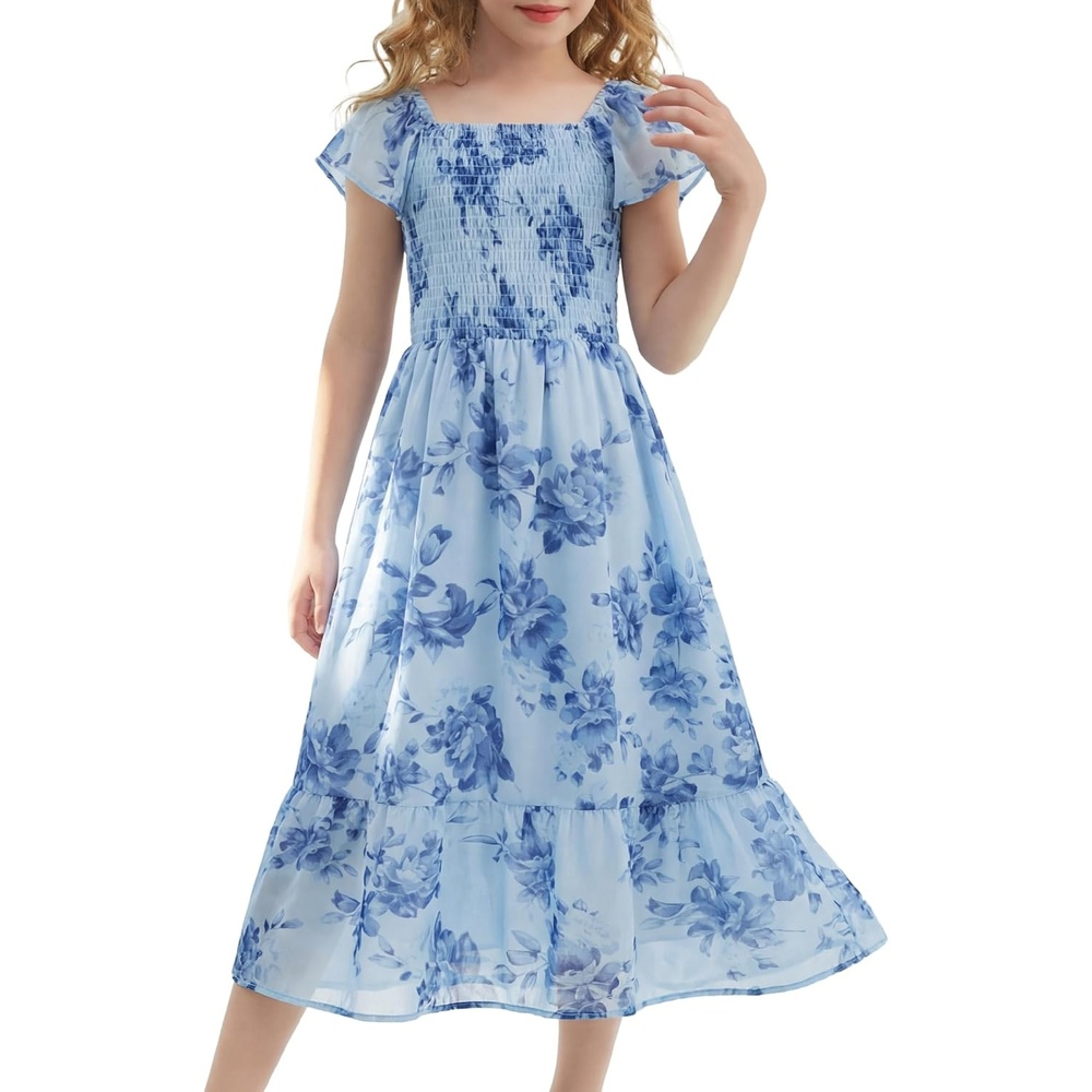 image:imageGRACE KARIN Girls Flutter Sleeve Floral Maxi Dress Spring Summer 616YDark Blue Floral
