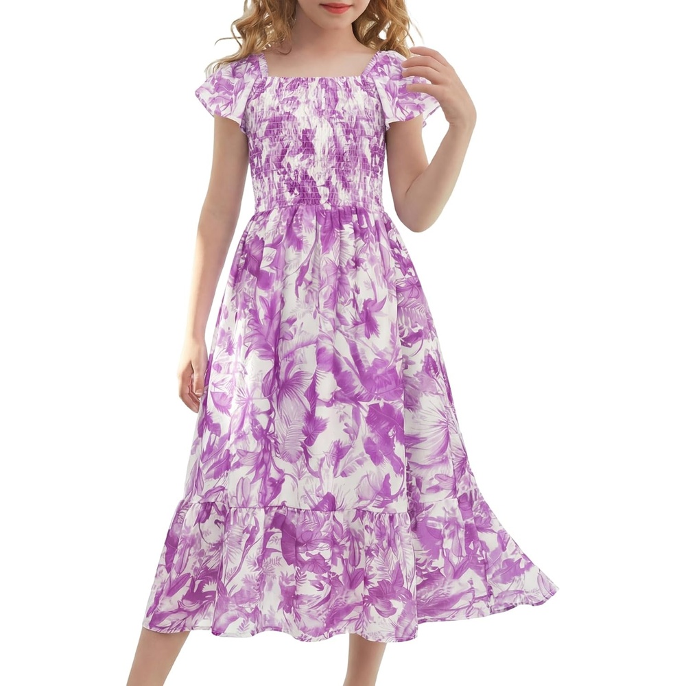 image:imageGRACE KARIN Girls Flutter Sleeve Floral Maxi Dress Spring Summer 616YDark Purple Floral