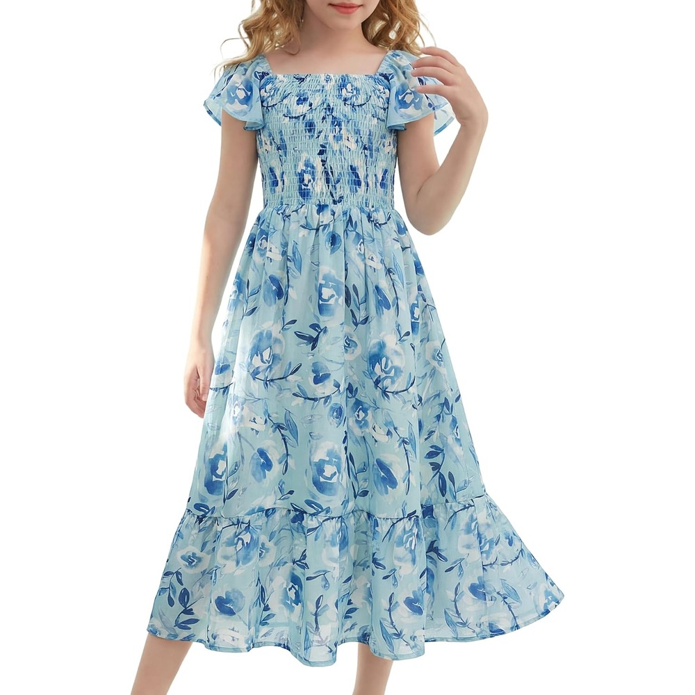 image:imageGRACE KARIN Girls Flutter Sleeve Floral Maxi Dress Spring Summer 616YGreen Blue Floral