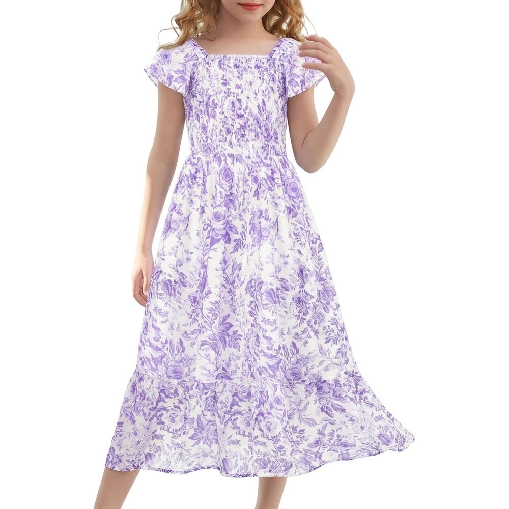 image:imageGRACE KARIN Girls Flutter Sleeve Floral Maxi Dress Spring Summer 616YLavender Floral