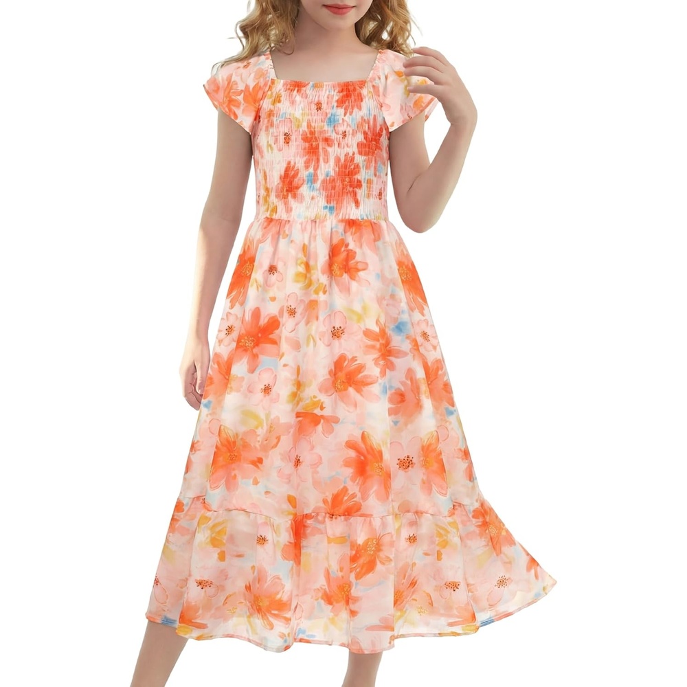 image:imageGRACE KARIN Girls Flutter Sleeve Floral Maxi Dress Spring Summer 616YOrange Floral