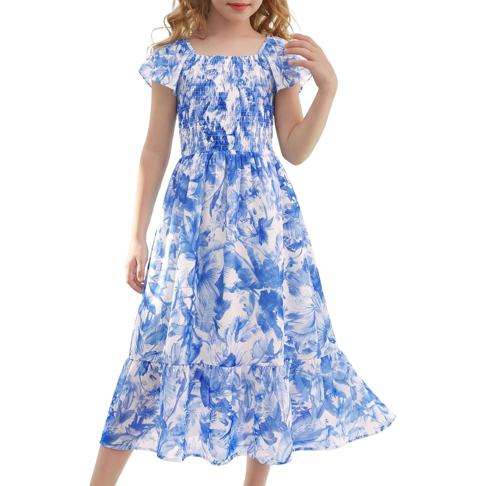 image:imageGRACE KARIN Girls Flutter Sleeve Floral Maxi Dress Spring Summer 616YWhite Blue Floral