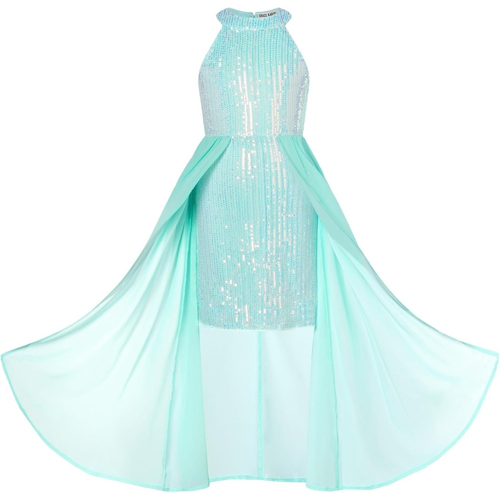 image:imageGRACE KARIN Girls Halter Neck Sequin Dress Kids Fancy Formal Party Christmas Sparkly Pageant Birthday DressesLight Blue