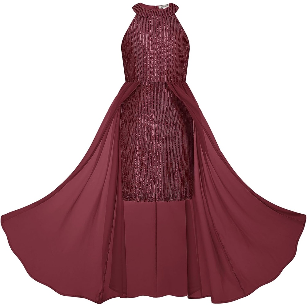 image:imageGRACE KARIN Girls Halter Neck Sequin Dress Kids Fancy Formal Party Christmas Sparkly Pageant Birthday DressesWine Red