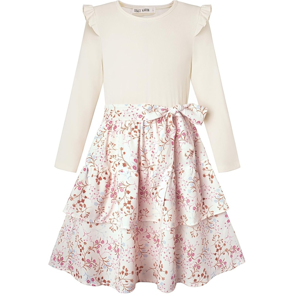image:imageGRACE KARIN Girls Long Sleeve Dress Floral Fall Winter Church Casual 612YBeige Floral