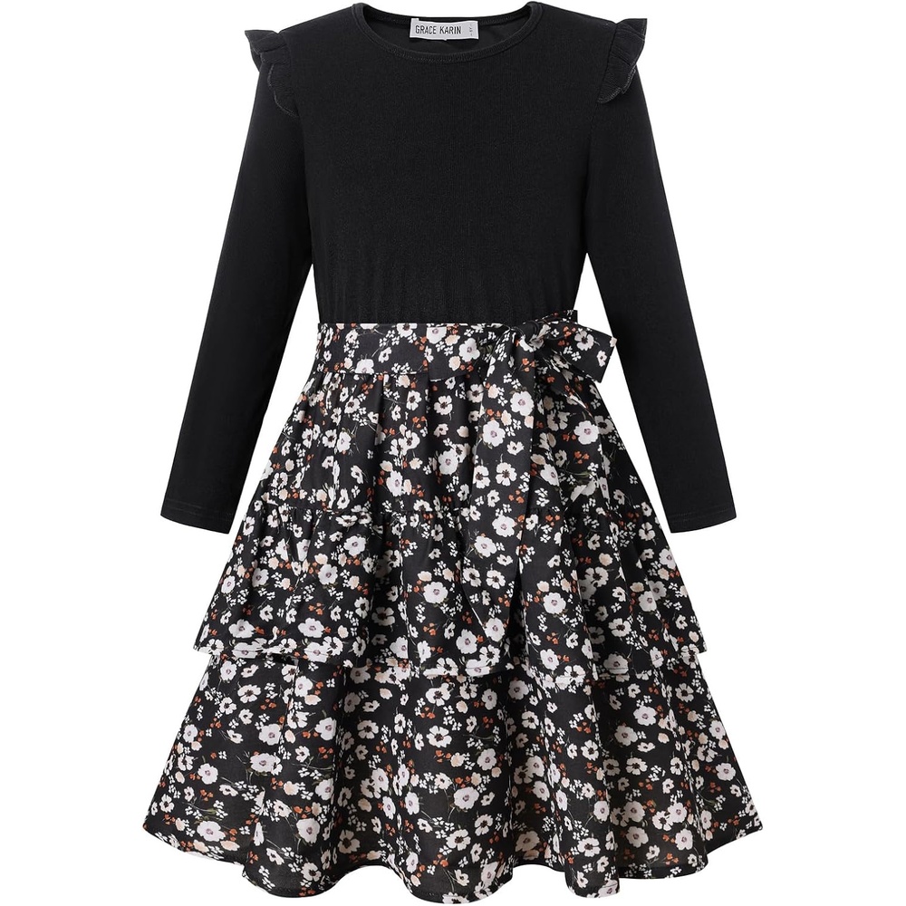 image:imageGRACE KARIN Girls Long Sleeve Dress Floral Fall Winter Church Casual 612YBlack