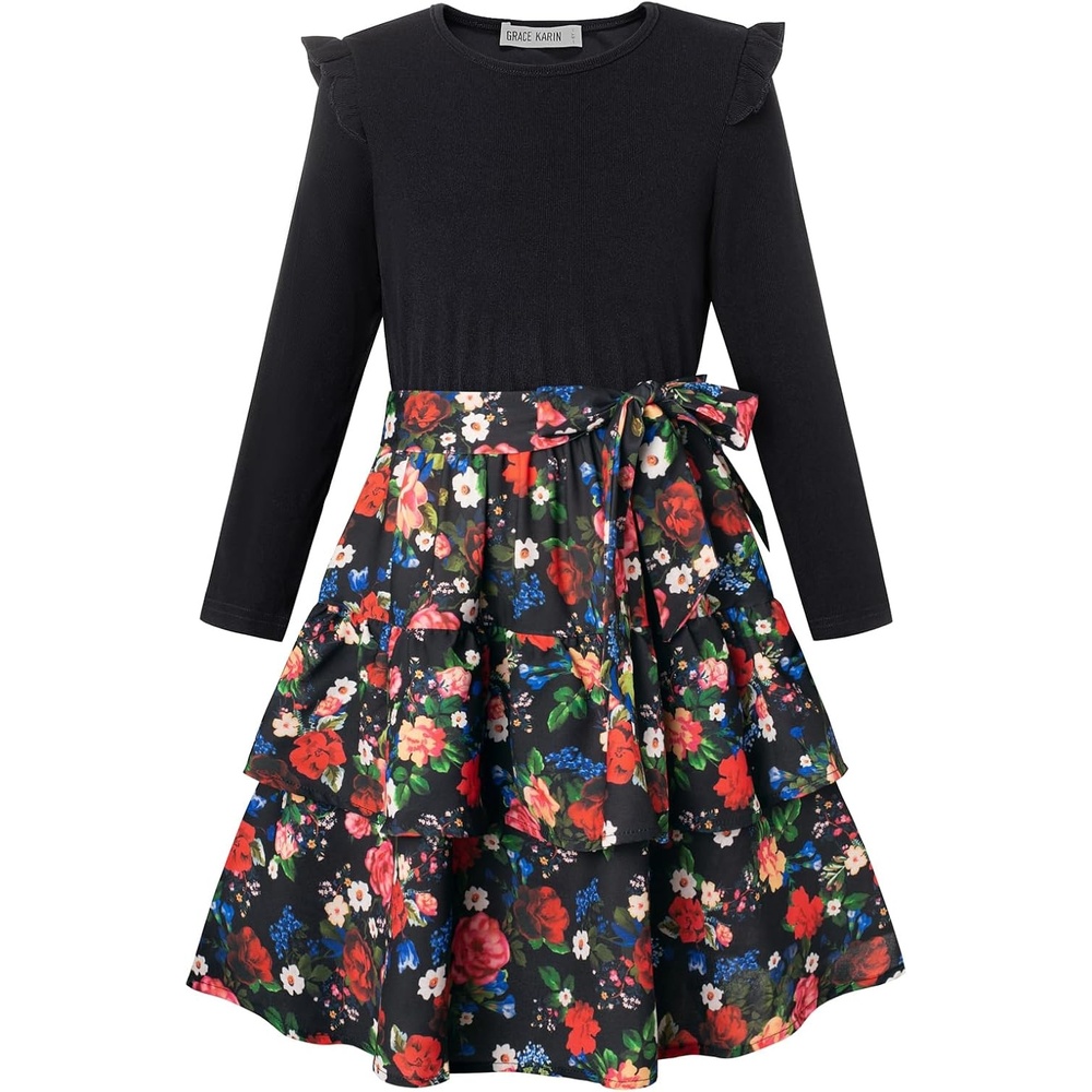image:imageGRACE KARIN Girls Long Sleeve Dress Floral Fall Winter Church Casual 612YBlack Floral