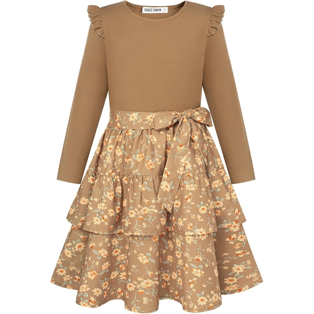 image:imageGRACE KARIN Girls Long Sleeve Dress Floral Fall Winter Church Casual 612YBrown Floral