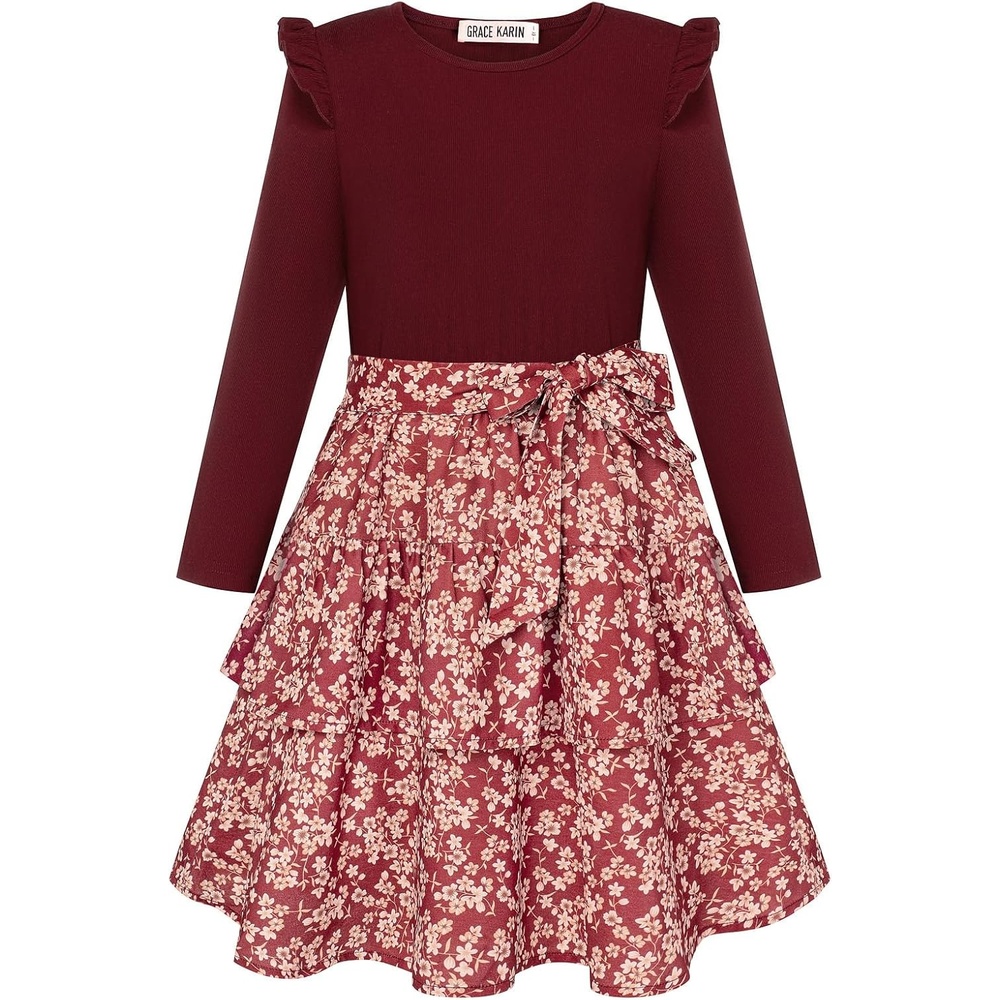 image:imageGRACE KARIN Girls Long Sleeve Dress Floral Fall Winter Church Casual 612YBurgundy Floral