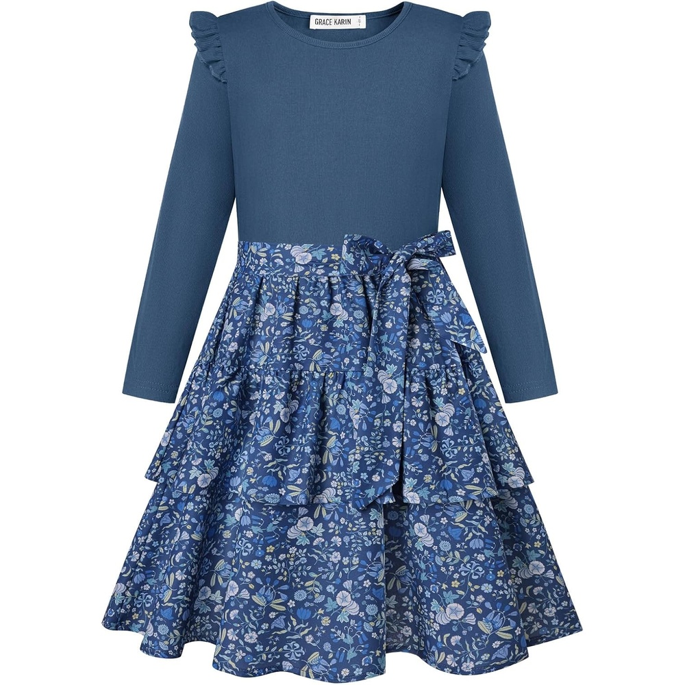 image:imageGRACE KARIN Girls Long Sleeve Dress Floral Fall Winter Church Casual 612YDusty Blue