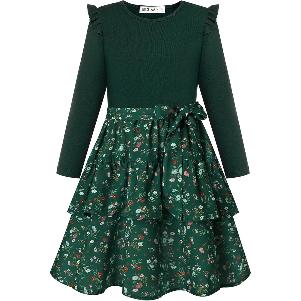 image:imageGRACE KARIN Girls Long Sleeve Dress Floral Fall Winter Church Casual 612YEmerald Green