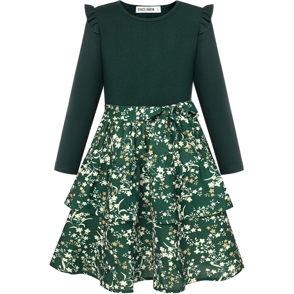image:imageGRACE KARIN Girls Long Sleeve Dress Floral Fall Winter Church Casual 612YEmerald Green Floral
