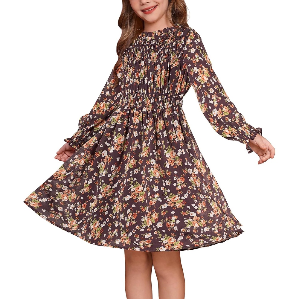 image:imageGRACE KARIN Girls Long Sleeve Floral Dress Fall Winter Casual Dresses 614YBrown Floral