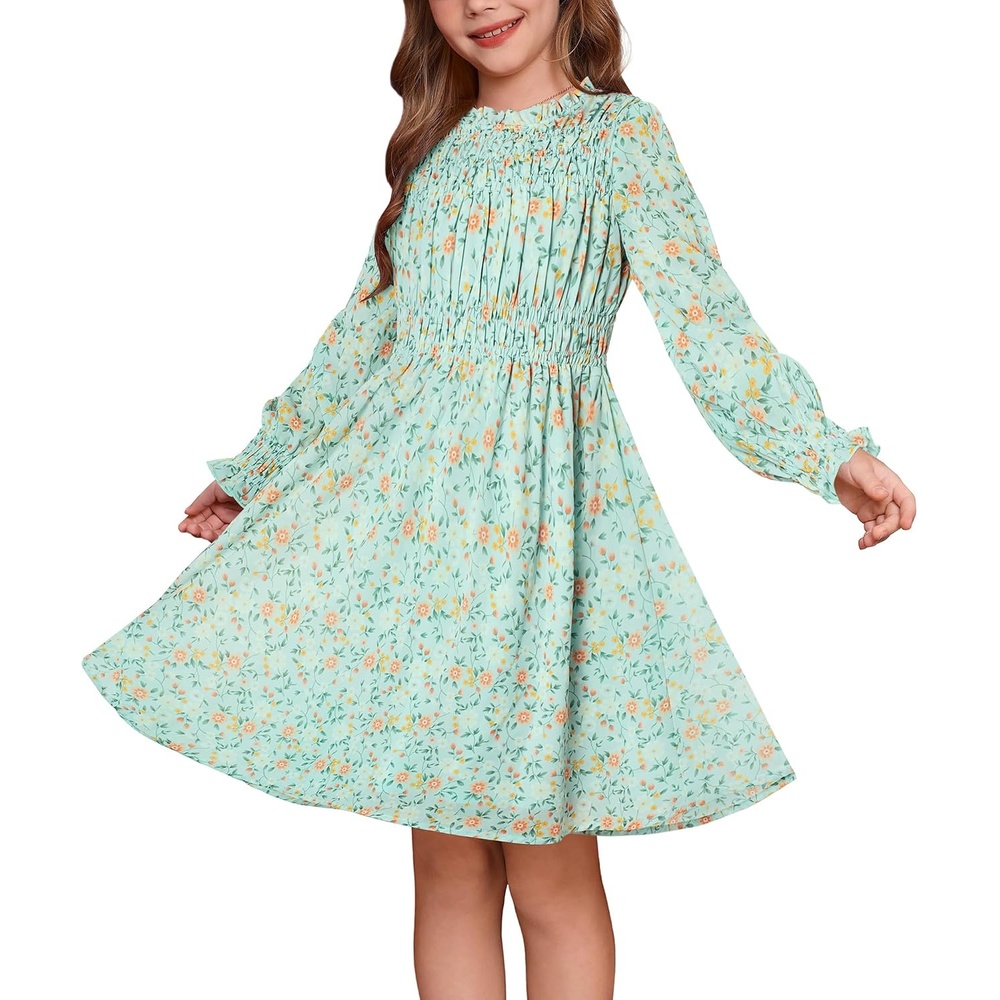 image:imageGRACE KARIN Girls Long Sleeve Floral Dress Fall Winter Casual Dresses 614YLight Green Floral
