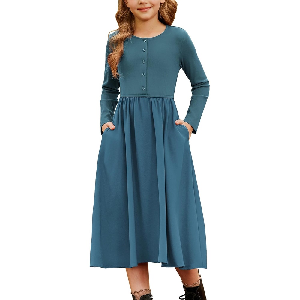 image:imageGRACE KARIN Girls Long Sleeve Maxi Dress Modest Fall Winter Casual 714YTeal
