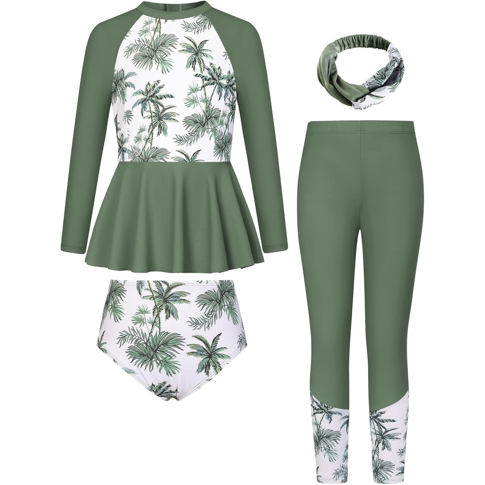 image:imageGRACE KARIN Girls Long Sleeve Rash Guard Bathing Swimsuits Swimwear 616Army Green  Coconut Tree