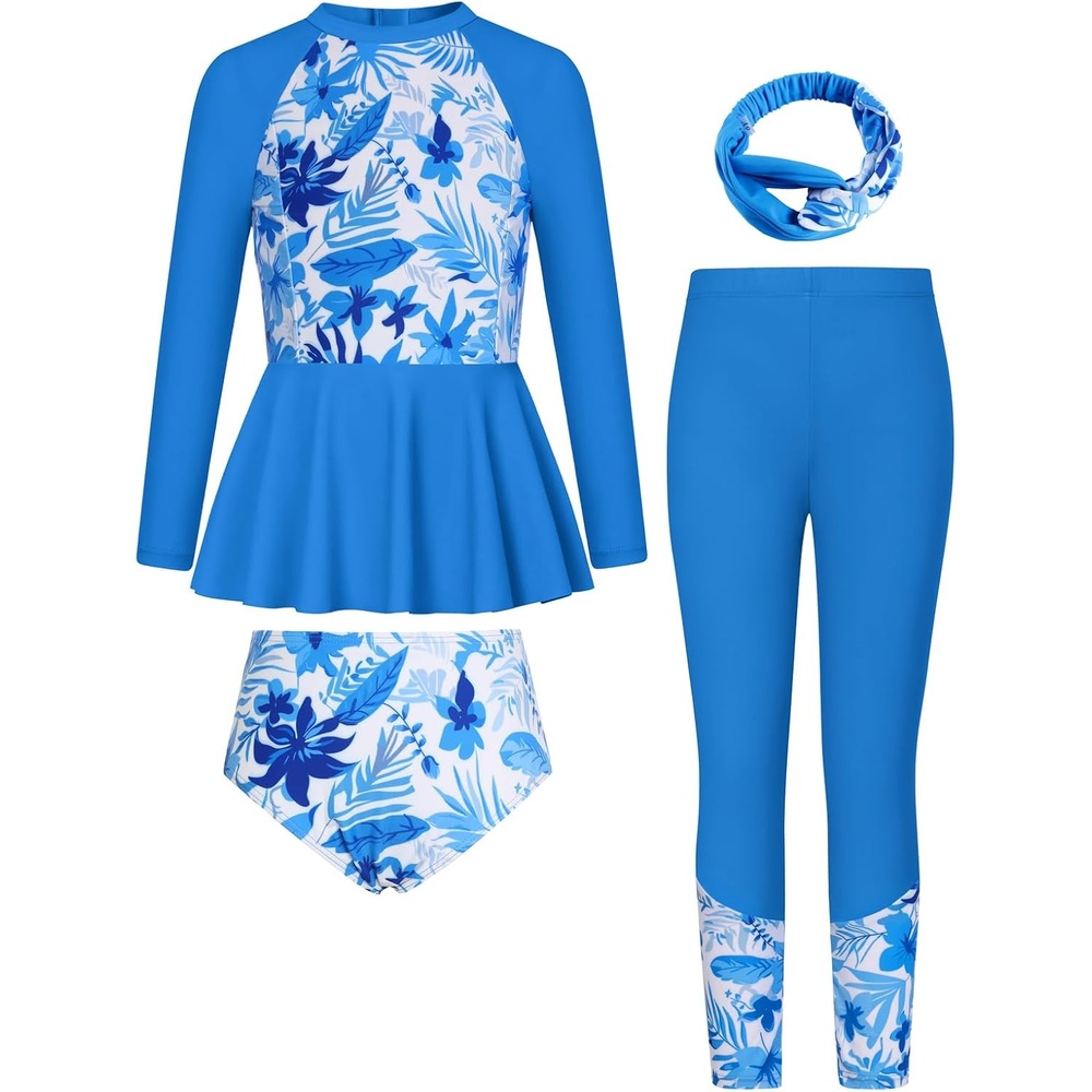 image:imageGRACE KARIN Girls Long Sleeve Rash Guard Bathing Swimsuits Swimwear 616Blue and White Leaves
