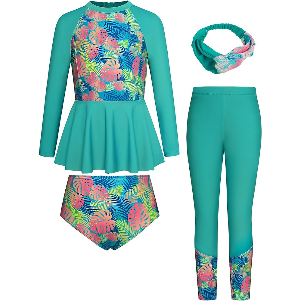 image:imageGRACE KARIN Girls Long Sleeve Rash Guard Bathing Swimsuits Swimwear 616Greenleaves