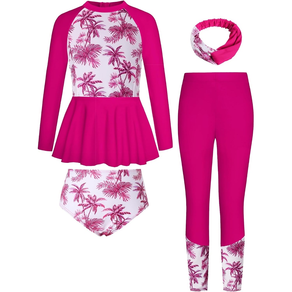 image:imageGRACE KARIN Girls Long Sleeve Rash Guard Bathing Swimsuits Swimwear 616Magenta Coconut Tree
