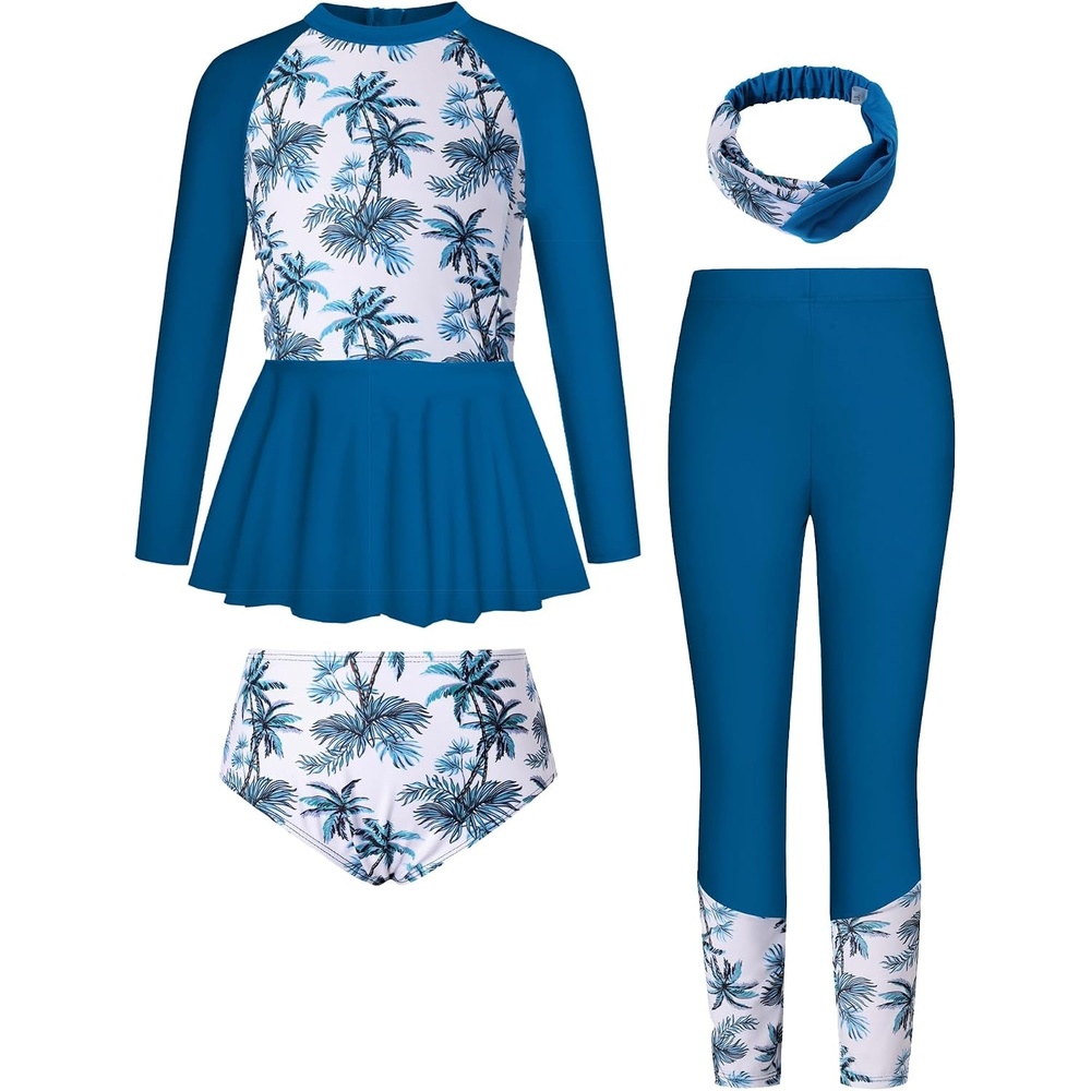 image:imageGRACE KARIN Girls Long Sleeve Rash Guard Bathing Swimsuits Swimwear 616Sapphire Blue Coconut Tree