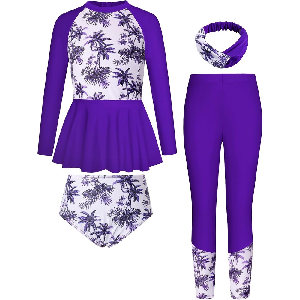 image:imageGRACE KARIN Girls Long Sleeve Rash Guard Bathing Swimsuits Swimwear 616Violet Coconut Tree