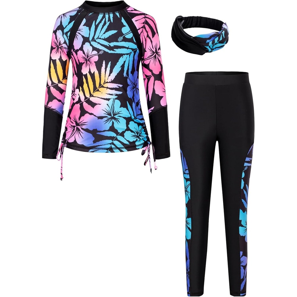 image:imageGRACE KARIN Girls Long Sleeve Swimsuit Two Piece Rashguard Floral Swimwear 614YColor Gradient
