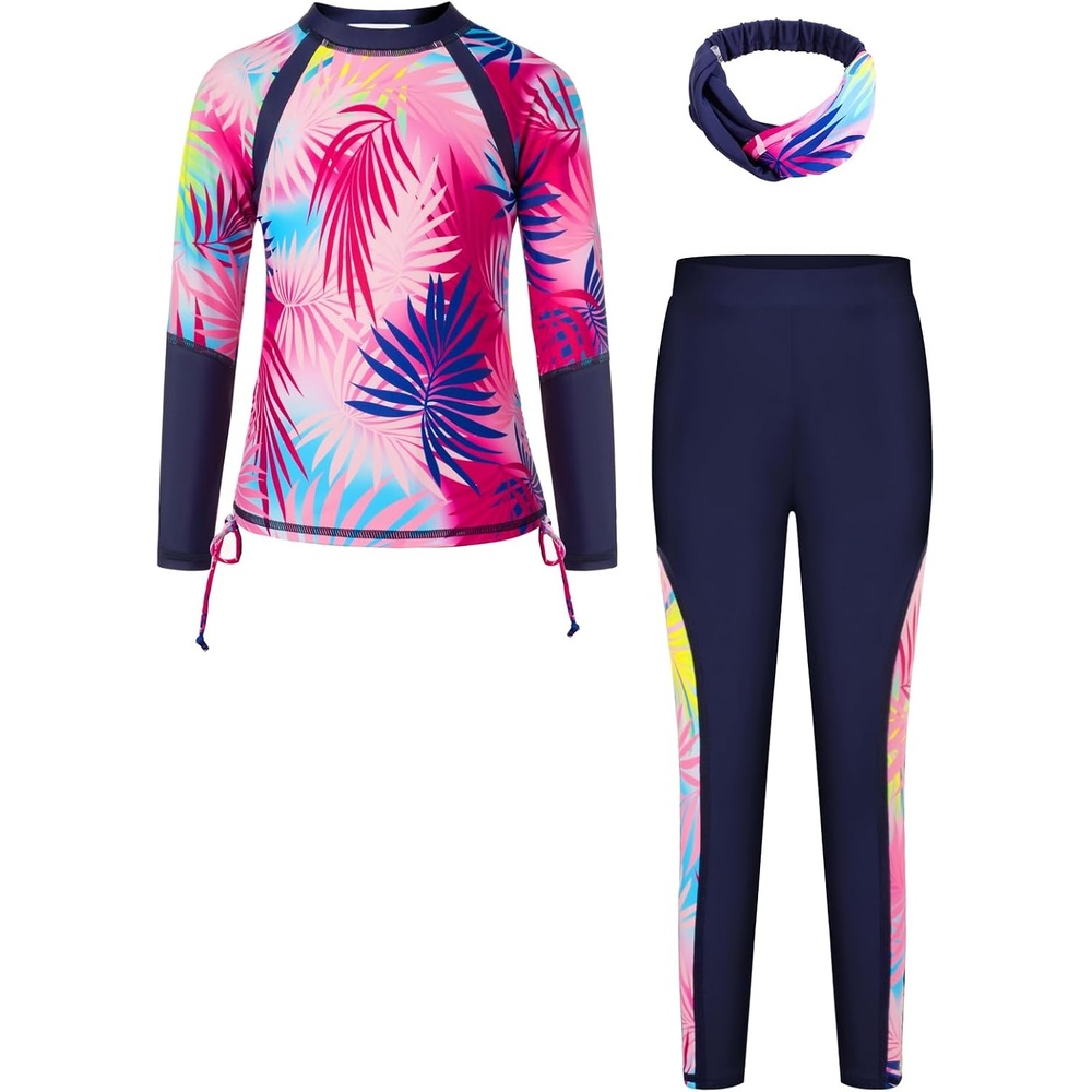 image:imageGRACE KARIN Girls Long Sleeve Swimsuit Two Piece Rashguard Floral Swimwear 614YColorful Leopard Gradient Pink Yellow Blue Leaves