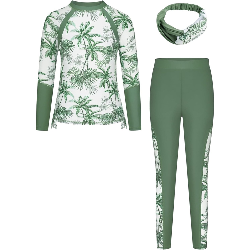image:imageGRACE KARIN Girls Long Sleeve Swimsuit Two Piece Rashguard Floral Swimwear 614YGreen Coconut Tree