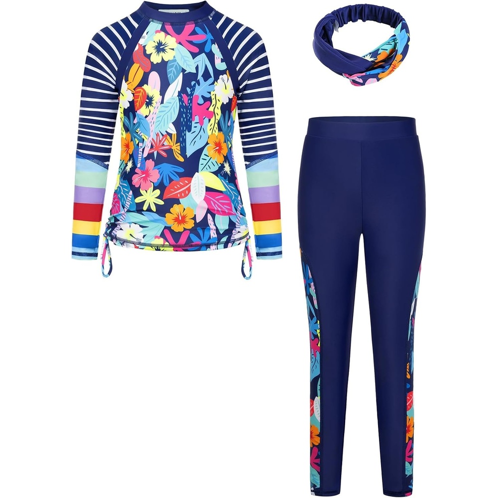 image:imageGRACE KARIN Girls Long Sleeve Swimsuit Two Piece Rashguard Floral Swimwear 614YNavy Background With Vibrant Blooms