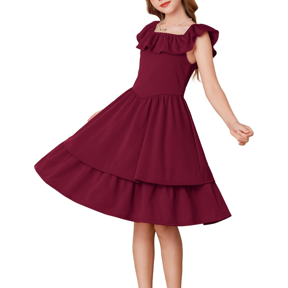 image:imageGRACE KARIN Girls Party Dress Ruffled Sleeve ALine Dresses for Girls 714YDark Red
