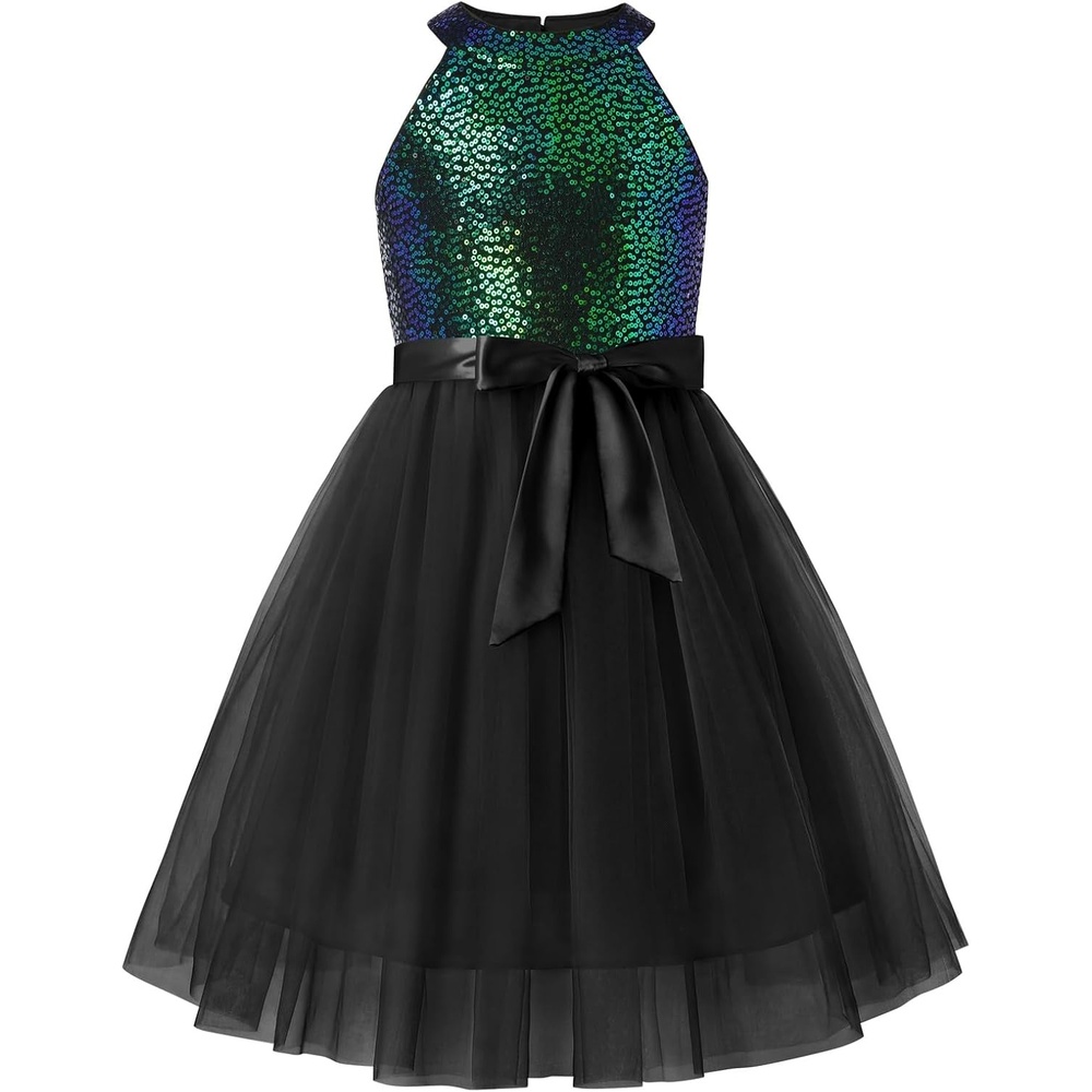 image:imageGRACE KARIN Girls Sequin Tulle Halter Dress Party Formal GownGreen Black