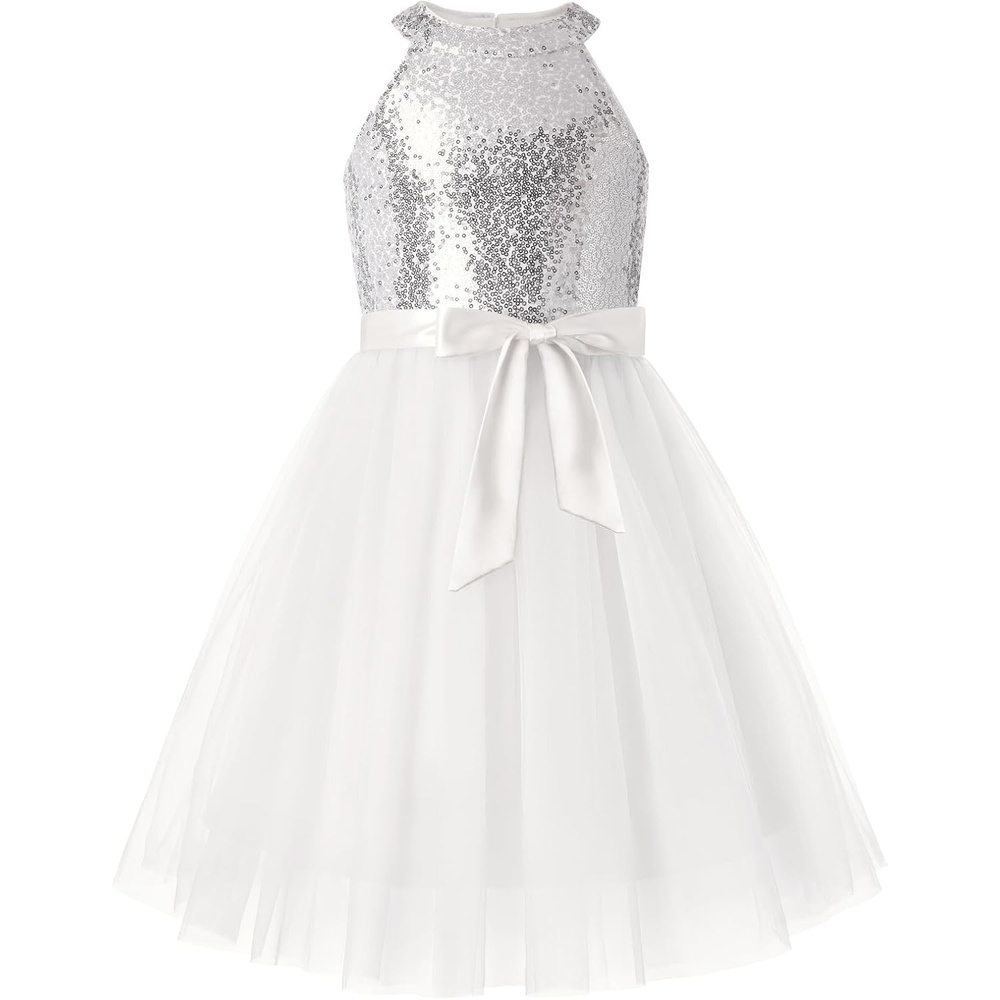 image:imageGRACE KARIN Girls Sequin Tulle Halter Dress Party Formal GownWhite Silver