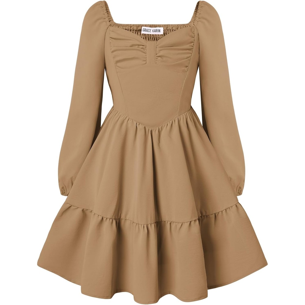 image:imageGRACE KARIN Girls Shirred Long Sleeve Fall Winter Party Holiday Cute DressDark Camel