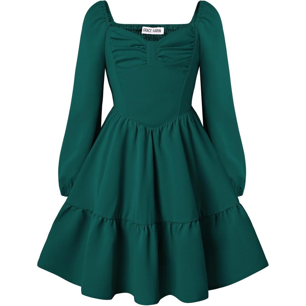 image:imageGRACE KARIN Girls Shirred Long Sleeve Fall Winter Party Holiday Cute DressDark Green