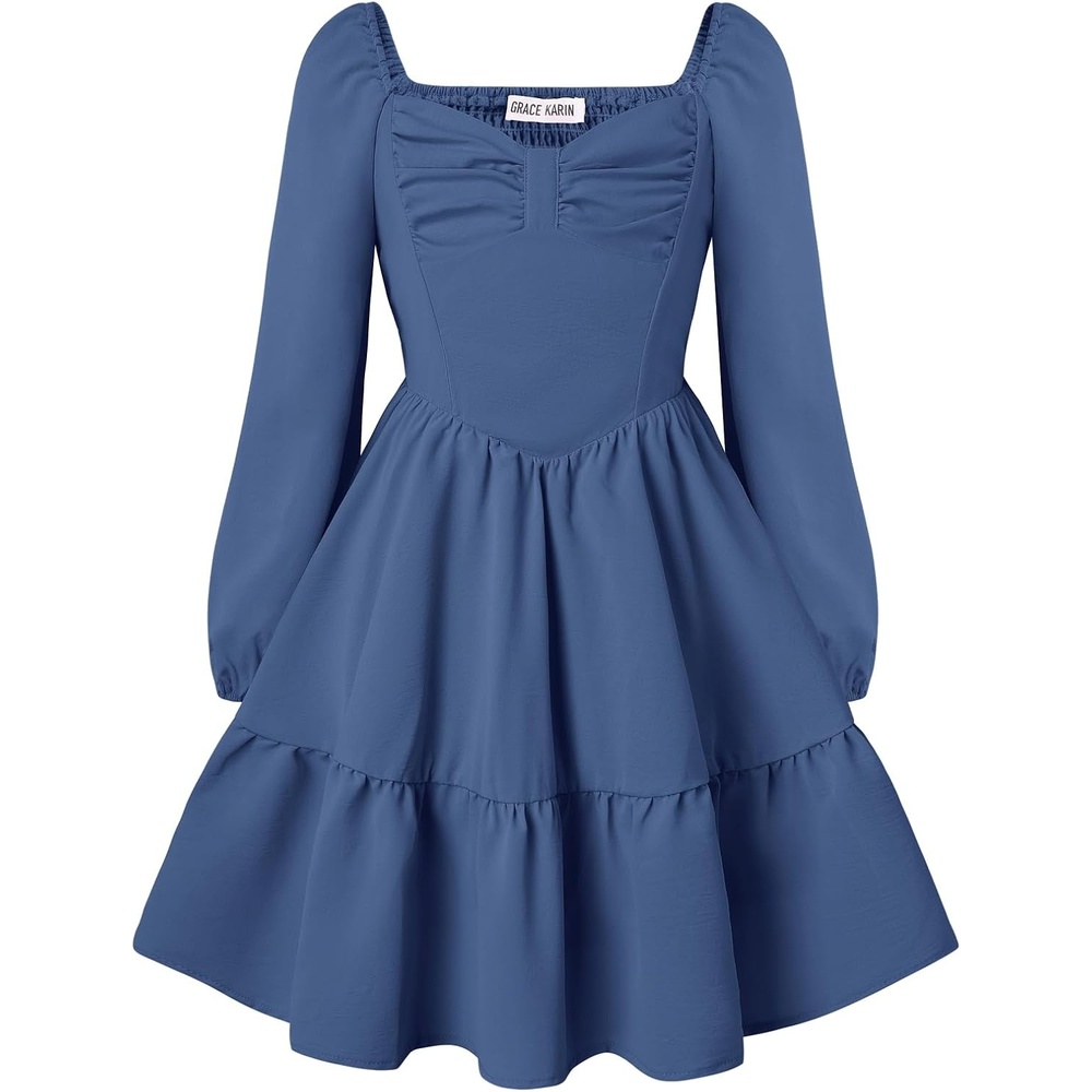 image:imageGRACE KARIN Girls Shirred Long Sleeve Fall Winter Party Holiday Cute DressGray Blue