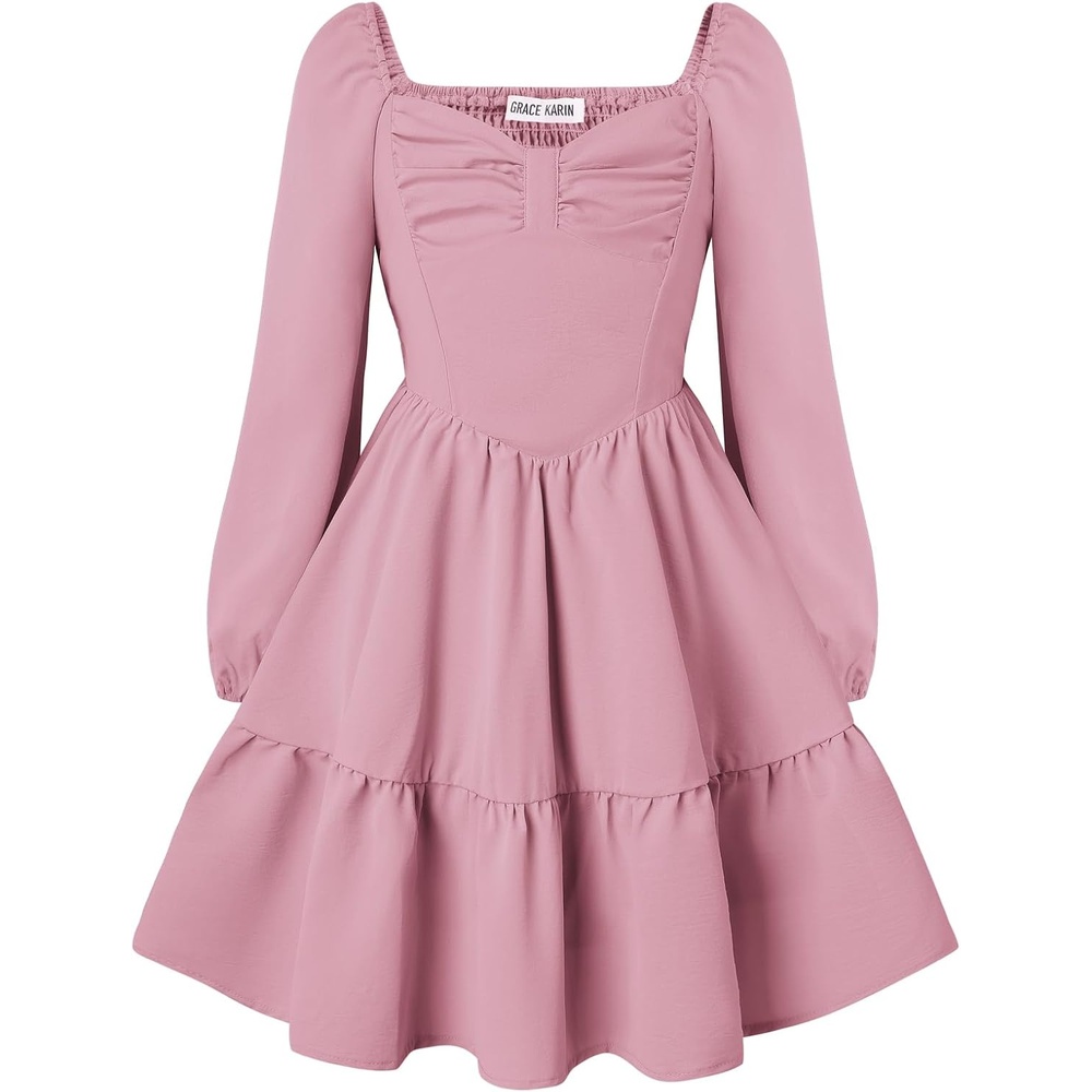 image:imageGRACE KARIN Girls Shirred Long Sleeve Fall Winter Party Holiday Cute DressGray Pink