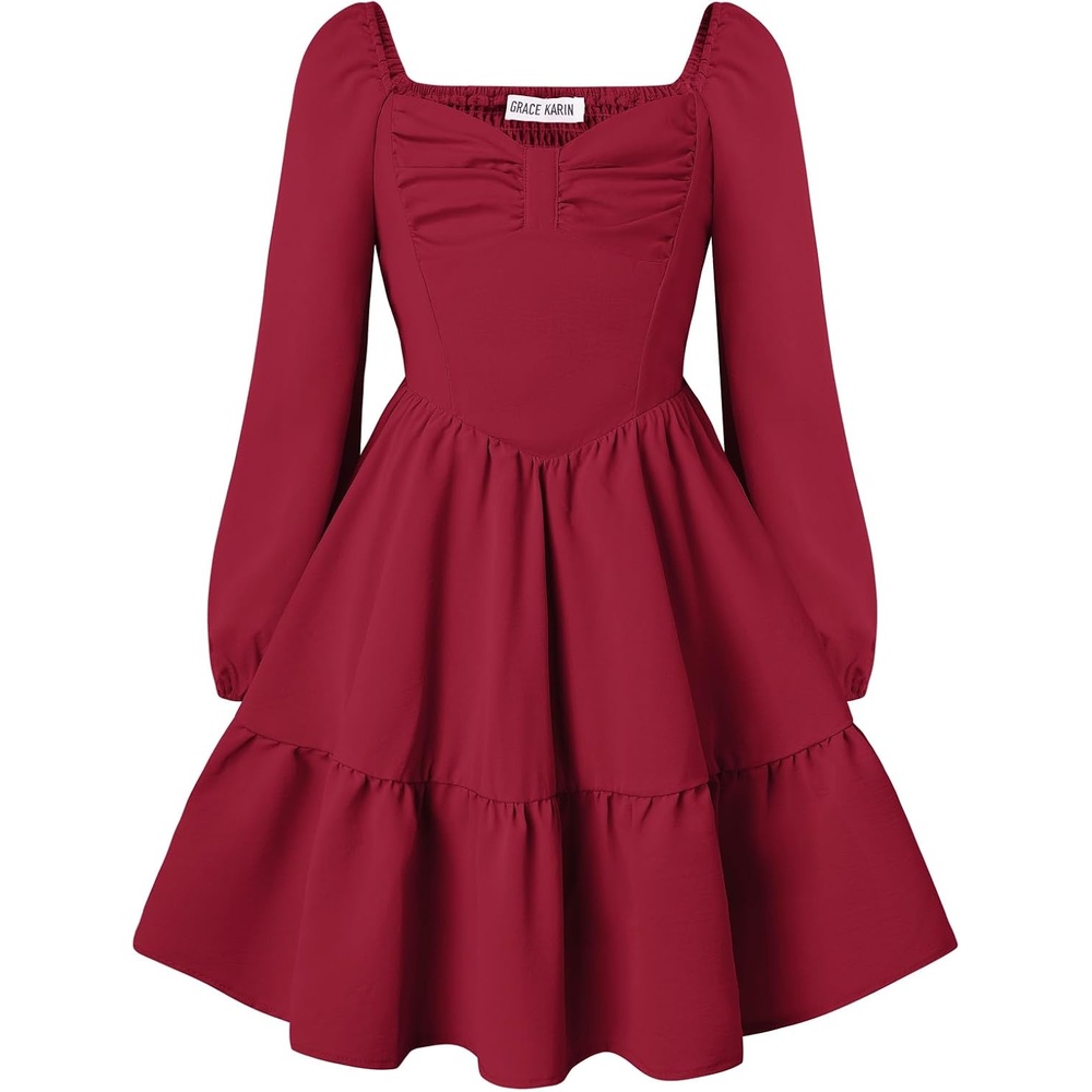 image:imageGRACE KARIN Girls Shirred Long Sleeve Fall Winter Party Holiday Cute DressWine