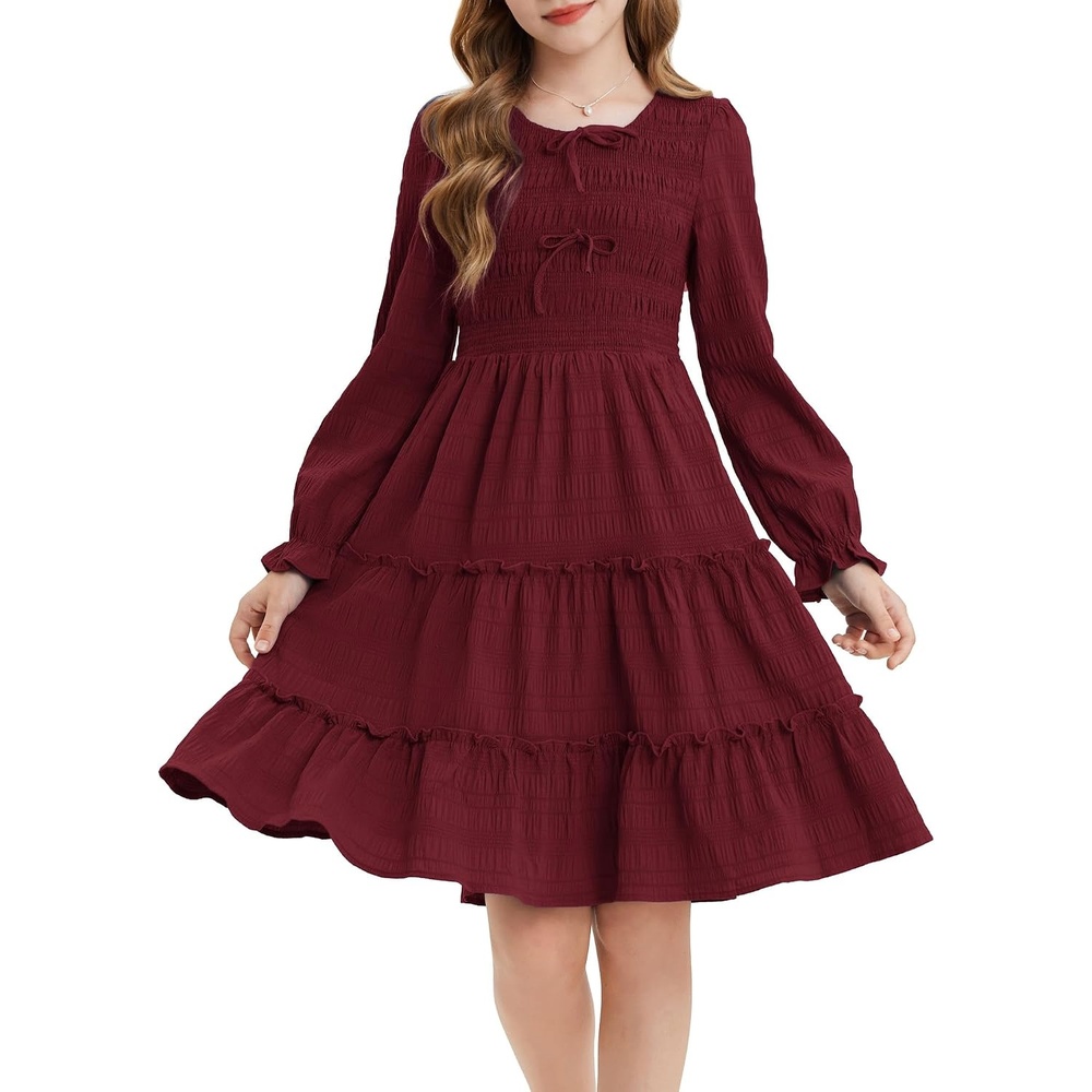 image:imageGRACE KARIN Girls Smocked Tiered Dress Long Sleeve Fall Casual DressesBurgundy