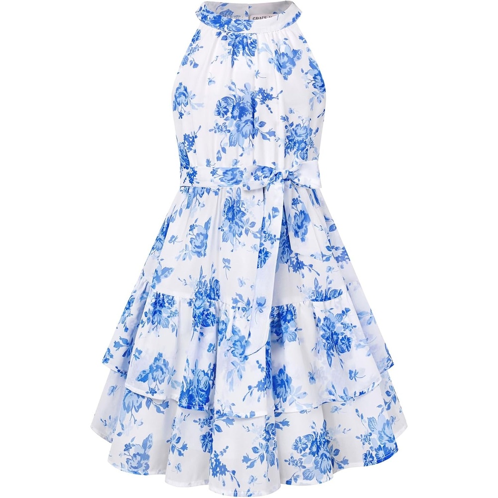 image:imageGRACE KARIN Girls Summer Beach Dress Floral Halter Hawaiian Party VacationBlue Flower
