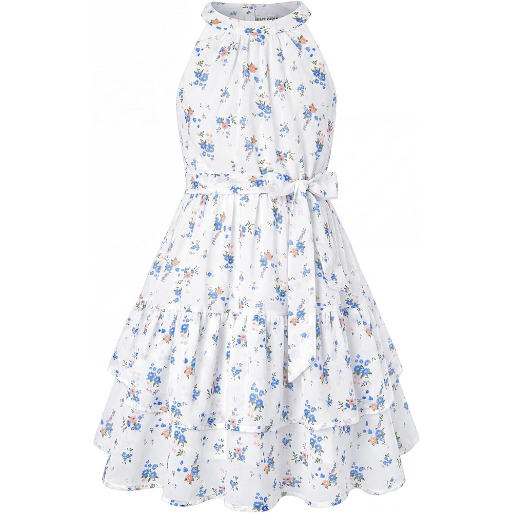 image:imageGRACE KARIN Girls Summer Beach Dress Floral Halter Hawaiian Party VacationBlue Orange Floral Print