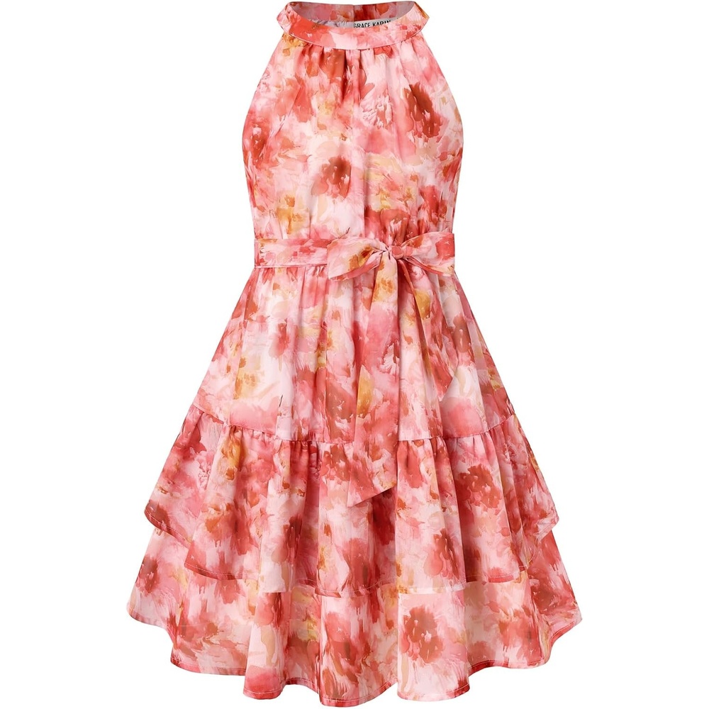 image:imageGRACE KARIN Girls Summer Beach Dress Floral Halter Hawaiian Party VacationBurnt Orange Floral