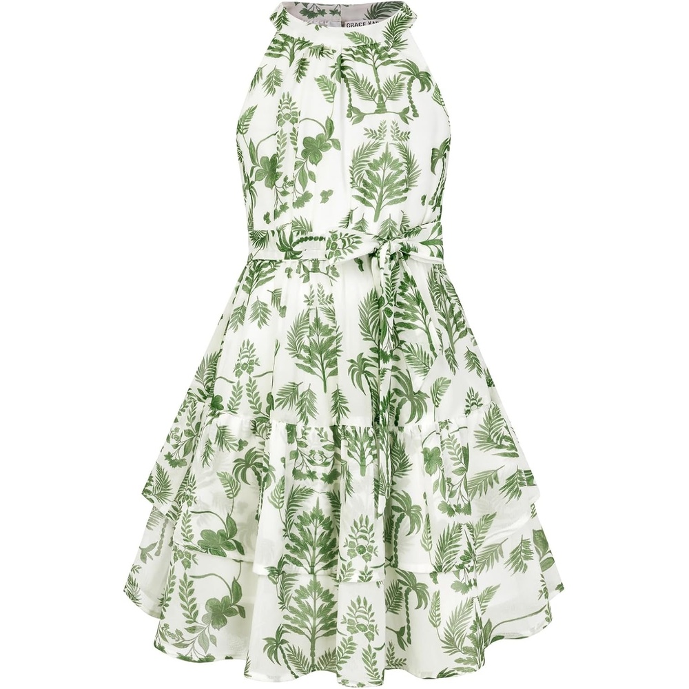 image:imageGRACE KARIN Girls Summer Beach Dress Floral Halter Hawaiian Party VacationGreen